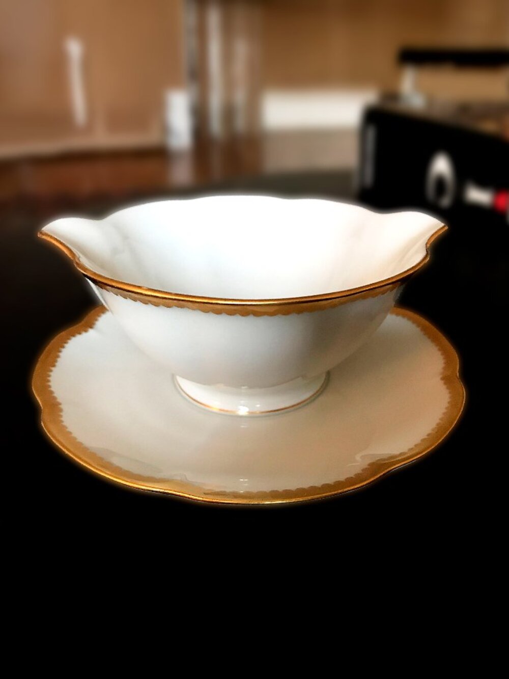 Haviland Limoges Gold Scalloped Edge Gravy Boat With Attached Underplate NWOT